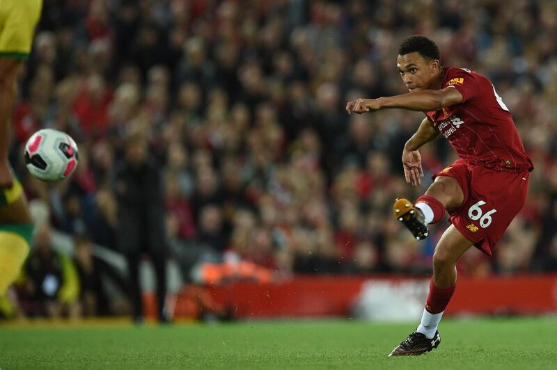 Liverpool right-back Trent Alexander-Arnold takes a free-kick. AFP