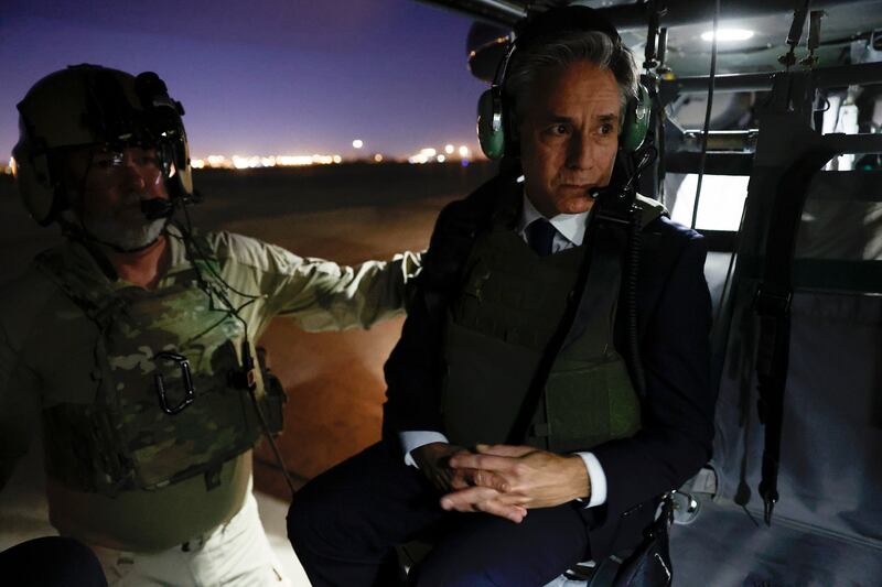 US Secretary of State Antony Blinken leaves the International Zone in Baghdad by helicopter after meeting Iraqi Prime Minister Mohammed Shia Al Sudani on November 5. AP