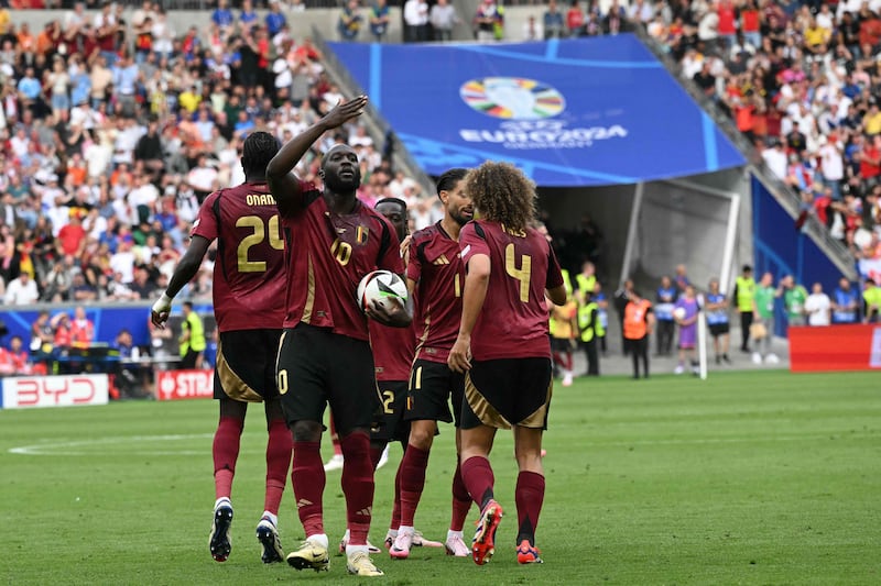 Belgium's Romelu Lukaku celebrates after scoring only for the goal to be ruled out after a VAR review. AFP