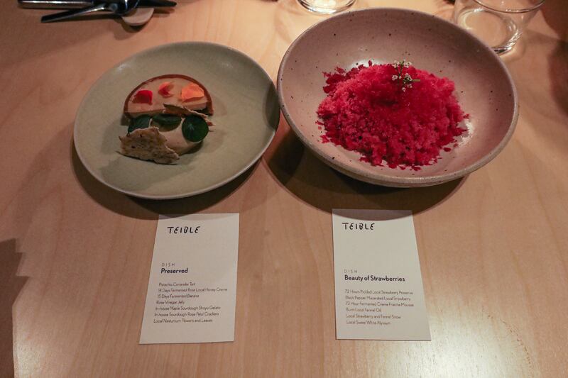 Desserts include a pistachio-coriander tart and pickled strawberries. Photo: Larayb Abrar