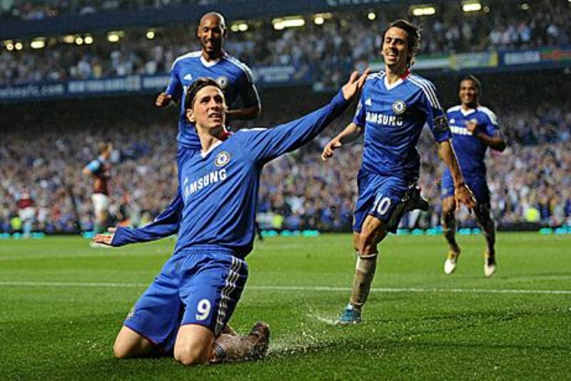 Fernando Torres celebrates his first Chelsea goal in his 14th appearance for the club.
