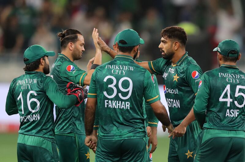 Pakistan's Haris Rauf takes the wicket of Sri Lanka's Dhananjaya de Silva.