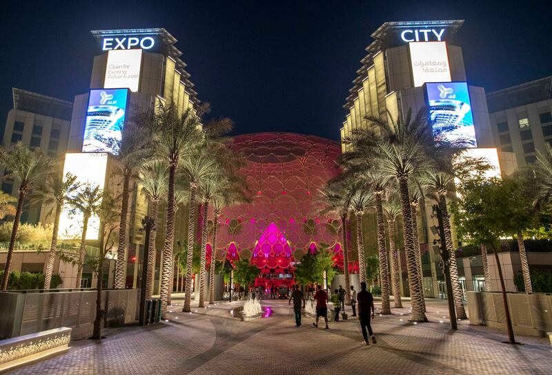 The vast dome is lit up with colourful projection displays.