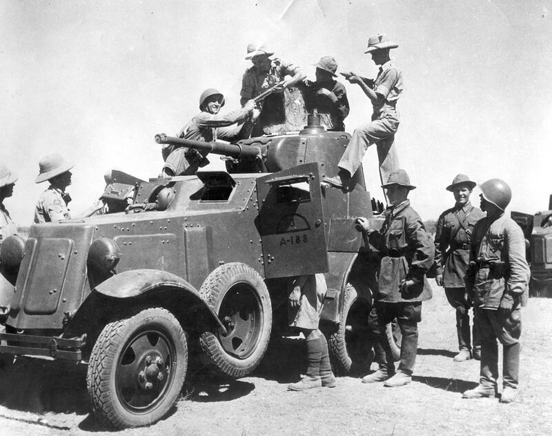 Russian and British soldiers meet after the Anglo-Soviet invasion of Iran during the Second World War. Alamy