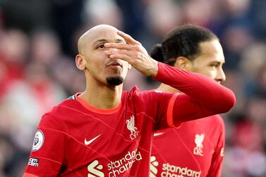 Soccer Football - Premier League - Liverpool v Brentford - Anfield, Liverpool, Britain - January 16, 2022 Liverpool's Fabinho celebrates scoring their first goal REUTERS/Phil Noble EDITORIAL USE ONLY.  No use with unauthorized audio, video, data, fixture lists, club/league logos or 'live' services.  Online in-match use limited to 75 images, no video emulation.  No use in betting, games or single club /league/player publications.   Please contact your account representative for further details. 