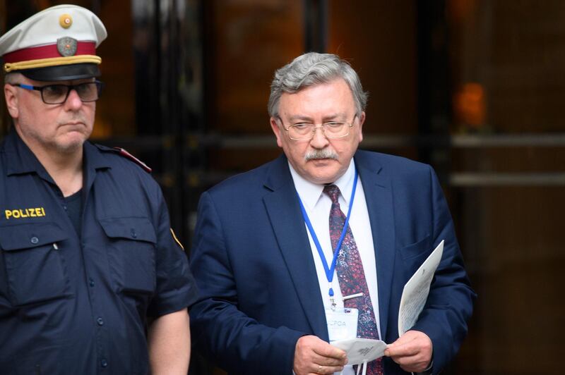 epa09264928 Russia's Governor to the International Atomic Energy Agency (IAEA), Mikhail Ulyanov leaves after a JCPOA Joint Commission Iran talks meeting in Vienna, Austria, 12 June 2021. A sixth round of talks between Iran and five participants of the Joint Comprehensive Plan of Action (JCPOA) began in Vienna on 12 June to discuss reviving the 2015 Iran nuclear deal. The meeting is chaired on behalf of EU High Representative Josep Borrell, by the EEAS Deputy Secretary General Enrique Mora and is attended by China, France, Germany, Russia, Britain and Iran.  EPA/CHRISTIAN BRUNA