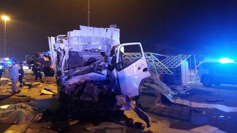 Two people were killed and one was injured in an accident involving two pick-ups on Sheikh Mohammed bin Zayed Road. Experts say that more visible policing could help prevent fatal accidents. Courtesy Dubai Police