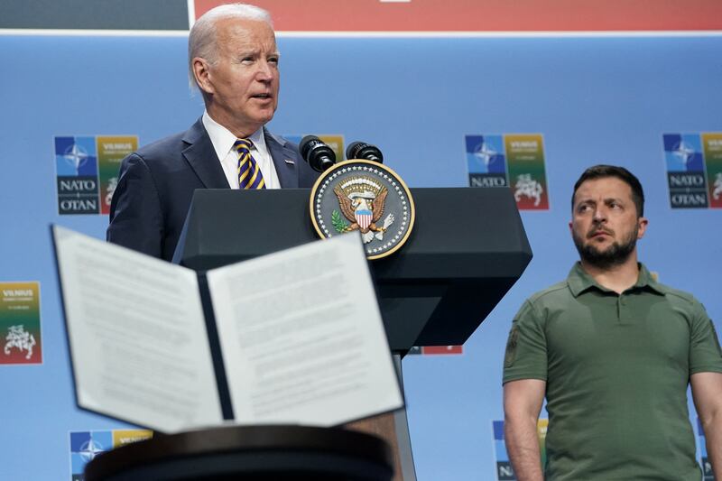 US President Joe Biden and Mr Zelenskyy during the announcement of the joint declaration. Reuters