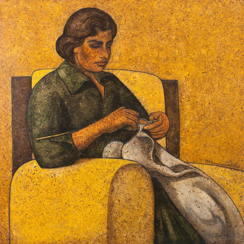 Louay Kayyali. Sewing Woman, 1974. Mixed media on masonite, 75 x 94.5 cm. Image courtesy of Barjeel Art Foundation, Sharjah.