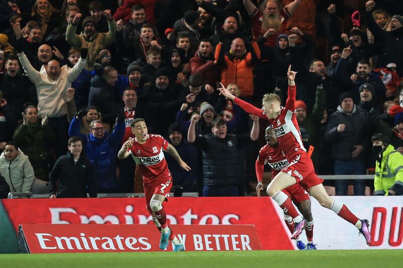 Middlesbrough striker Josh Coburn celebrates. AFP