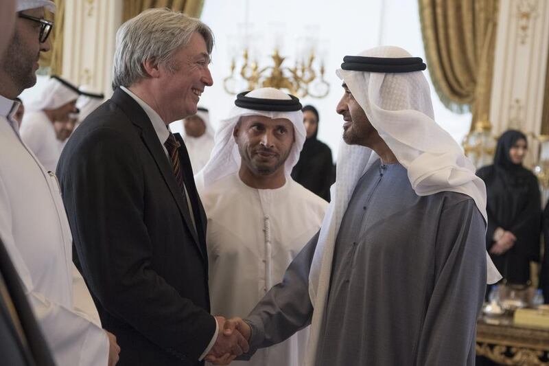 Sheikh Mohammed bin Zayed, Crown Prince of Abu Dhabi and Deputy Supreme Commander of the Armed Forces, receives members of the Board of Directors of WorldSkills, during a Sea Palace barza. Hamad Al Kaabi / Crown Prince Court — Abu Dhabi