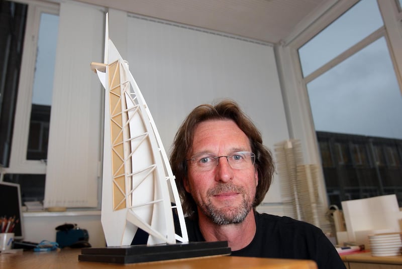 EPSOM. UK. 8th November 2011. UAE. 40. Architect Tom Wright at his office in Epsom, UK, with his original model of the Burj Al Arab which he showed  to Sheikh Mohammed in November 1993. Stephen Lock for The National