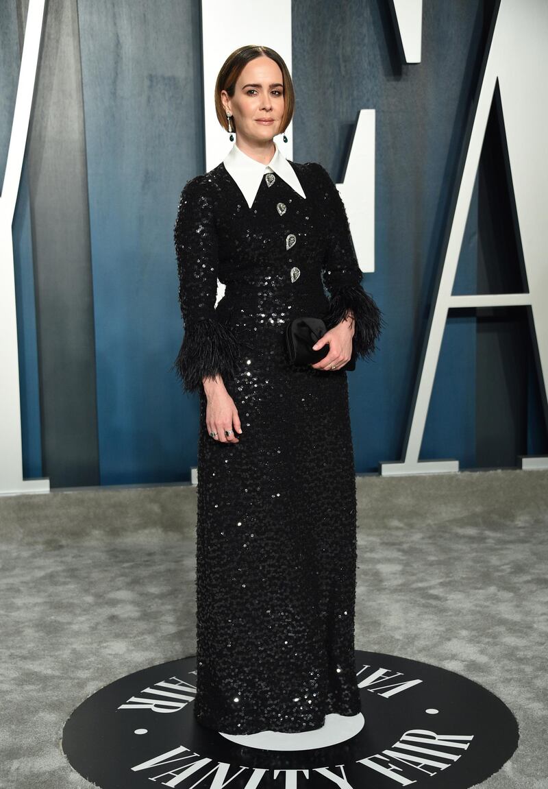 Sarah Paulson in custom Andrew GN at the Vanity Fair Oscar Party on Sunday, Feb. 9, 2020, in Beverly Hills, Calif. AP