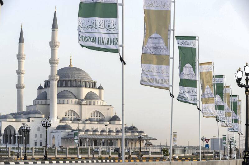 SHARJAH, UNITED ARAB EMIRATES. 12 MAY 2019. The newly opened Sharjah Mosque during Iftar and sunset. (Photo: Antonie Robertson/The National) Journalist: None. Section: Business.