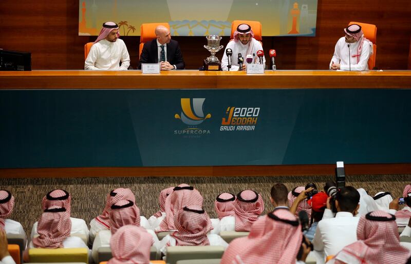 Luis Rubiales, second left, and Prince Abdulaziz bin Turki Al-Faisal, second right, attend a press conference for the Spanish Super Cup. AP Photo