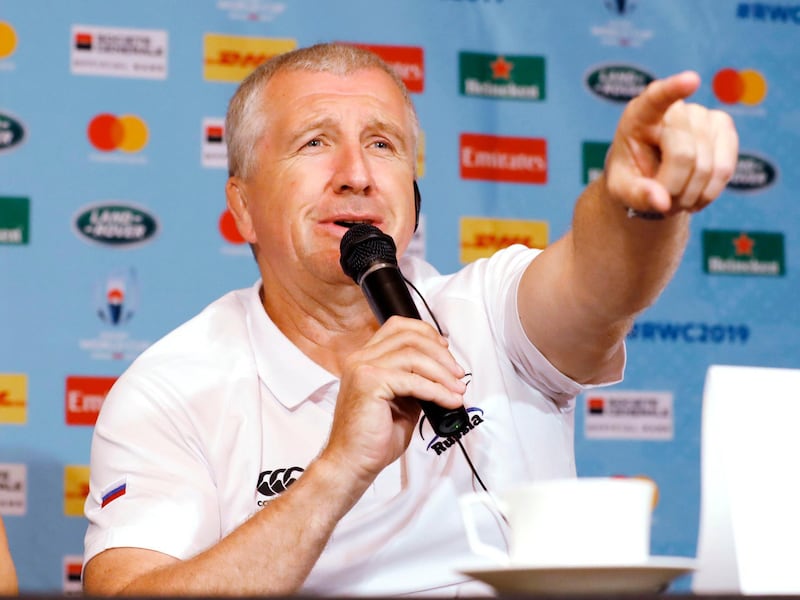 Russia's rugby head coach Lyn Jones speaks at a press conference in Tokyo Wednesday, Sept. 18, 2019, ahead of their Rugby World Cup match against Japan. (Yuki Sato/Kyodo News via AP)