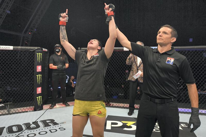 ABU DHABI, UNITED ARAB EMIRATES - SEPTEMBER 27:  Ketlen Vieira of Brazil reacts after defeating Sijara Eubanks in their women's bantamweight bout during UFC 253 inside Flash Forum on UFC Fight Island on September 27, 2020 in Abu Dhabi, United Arab Emirates. (Photo by Josh Hedges/Zuffa LLC)