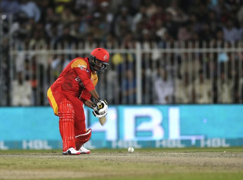 Sharjah, United Arab Emirates -  February 10, 2016.  Sharjeel Khan ( no 98 of Islamabad United ) bats against the Lahore Qalandars at their ongoing Pakistan Super League tournament.  ( Jeffrey E Biteng / The National )  Editor's Note; ID 46337