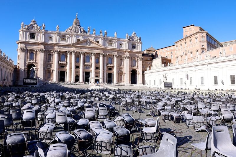 Overturned chairs lie in St Peter's Square ahead of the Angelus prayer led by Pope Francis at the Vatican. Reuters