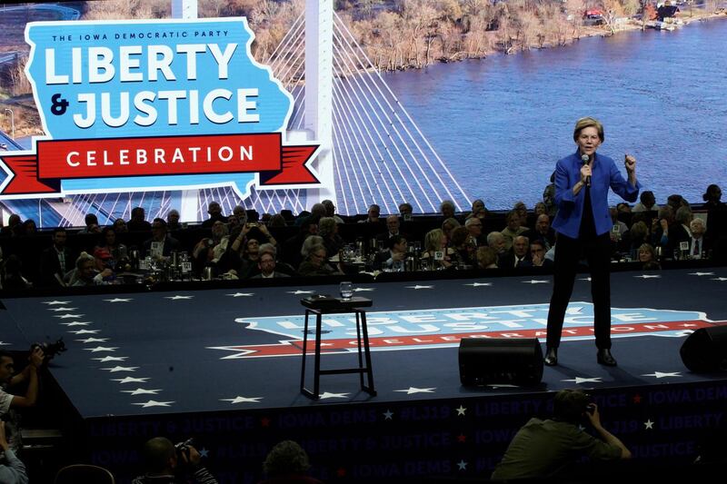 Democratic presidential candidate Sen. Elizabeth Warren speaks during the Iowa Democratic Party's Liberty and Justice Celebration in Des Moines, Iowa. AP