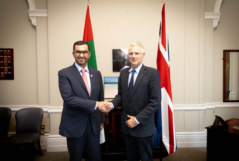 Dr Sultan Al Jaber, Cop28 UAE President-Designate and Minister of Industry and Advanced Technology, with Zac Goldsmith, Minister of State for Overseas Territories, Commonwealth, Energy, Climate and Environment 