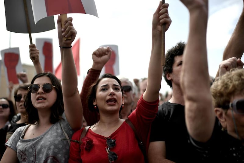 Members of the Greek communist labour union (PAME) demonstrate in central Athens. Aris Messinis / AFP Photo