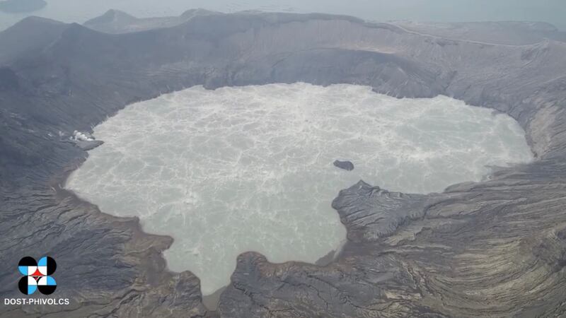 General view of Taal volcano's crater lake in this screen grab obtained from a social media video recorded with a drone.