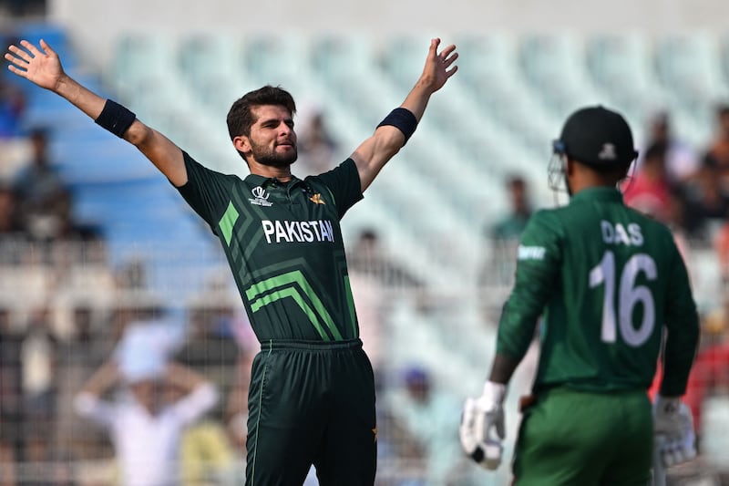 Pakistan's Shaheen Afridi celebrates after taking the wicket of Bangladesh's Tanzid Hasan during their World Cup match at the Eden Gardens in Kolkata. AFP