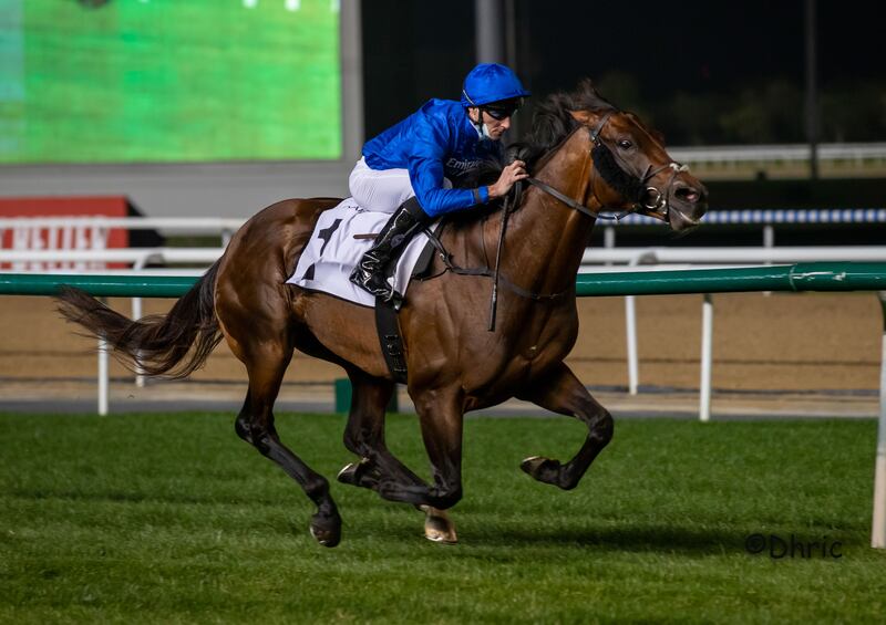 Daniel Tudhope brings home Real World in the Group 2 Zabeel Mile at Meydan on Friday, January 28, 2022. Photo: DHRIC