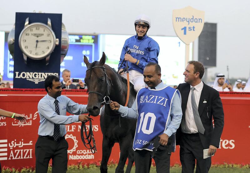 DUBAI , UNITED ARAB EMIRATES , MARCH 31  – 2018 :- Jungle Car (IRE ) ridden by James Doyle   ( no 10  ) won the 5th horse race Al Quoz Sprint 1200m turf held at Meydan Racecourse in Dubai. ( Pawan Singh / The National ) For News/Sports. Story by Amith