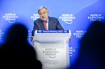UN Secretary General Antonio Guterres speaks to delegates at the World Economic Forum in Davos. EPA