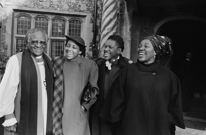 Desmond Tutu with his wife Nomalizo Leah Tutu and other members of his family pictured in the UK, December, 1984. Getty