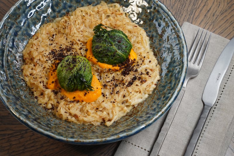 Rabbit sicheniki with savoy cabbage and roasted porridge, cooked like a creamy risotto