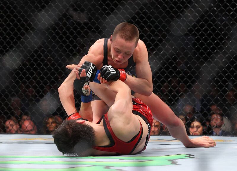 Rose Namajunas competes against Zhang Weili. Reuters