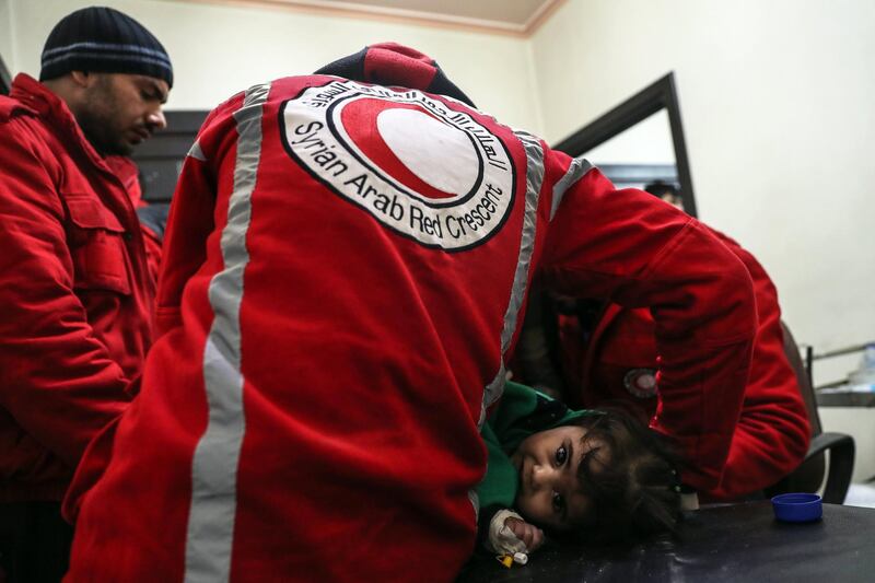 A girl receives treatment at a Red Crescent centre in Douma, Syria after being injured in the government's third consecutive day of bombing of the besieged rebel-held Eastern Ghouta region near Damascus on February 7, 2018. Mohammed Badra / EPA