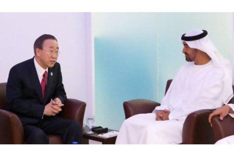 Sheikh Mohamed bin Zayed meets Ban Ki-moon at the 2011 World Future Energy Summit in Abu Dhabi.