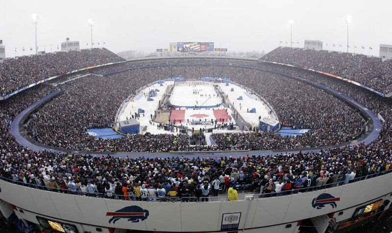 Large venues, such as Ralph Wilson Stadium in Orchard Park, New York, are increasingly playing host to outdoor National Hockey League games. David Duprey / AP Photo