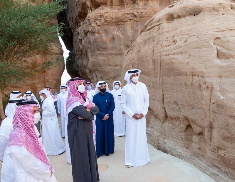 His Highness Saudi Arabia's Crown Prince Mohammed bin Salman accompanies His Highness Qatar's Emir Sheikh Tamim bin Hamad al-Thani  on a tour of the archaeological sites in Al-Ula.  Courtesy of Saudi Royal Court