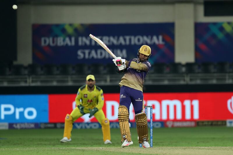 Sunil Narine of Kolkata Knight Riders hits out and is caught.