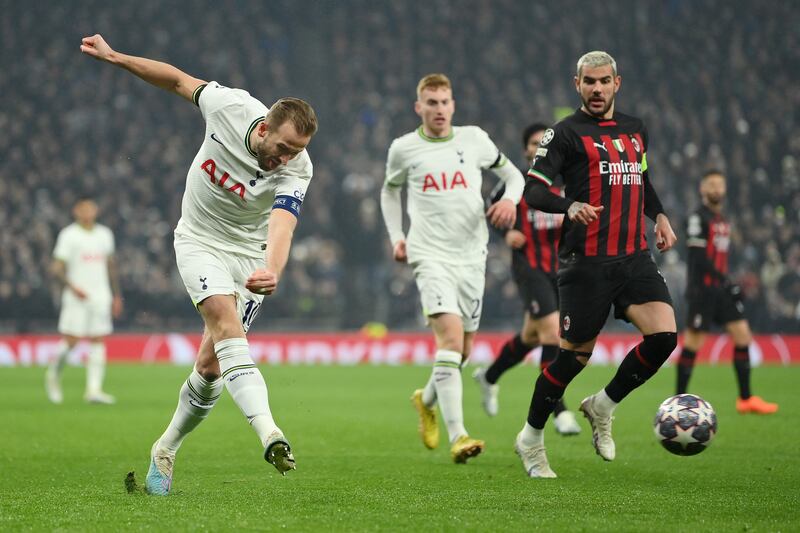 Tottenham Hotspur striker Harry Kane shoots at goal during the Champions League last 16 second-leg goalless draw at home to AC Milan on Match 8, 2023. Milan went through 1-0 on aggregate. Getty