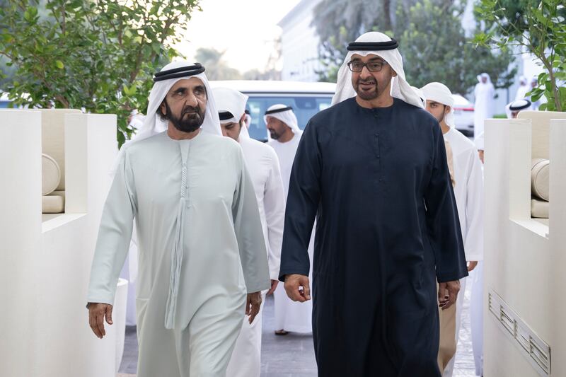 President Sheikh Mohamed and Sheikh Mohammed bin Rashid, Vice-President and Ruler of Dubai, met at a Sea Palace barza.
Hamad Al Kaabi / Presidential Court