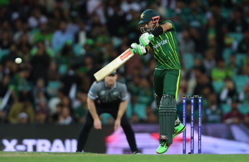 Pakistan's Muhammad Rizwan hits a four during his knock of 57. AFP