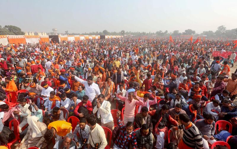 Supporters of Vishwa Hindu Parishad or World Hindu Council gather for a rally to demand the construction of a Ram temple in Ayodhya, India, Sunday, Nov.25, 2018. Tens of thousands of Hindus gathered in the northern Indian city renewing calls to build a Hindu temple on a site where a mosque was attacked and demolished in 1992, sparking deadly Hindu-Muslim violence. (AP Photo)