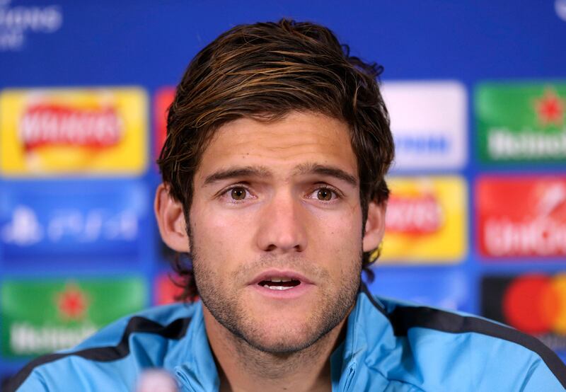 Chelsea's Marcos Alonso speaks during a press conference at Chelsea FC Training Ground, London, Tuesday Oct. 17, 2017, ahead of their Champions League match against Roma on Wednesday. (Steven Paston/PA via AP)