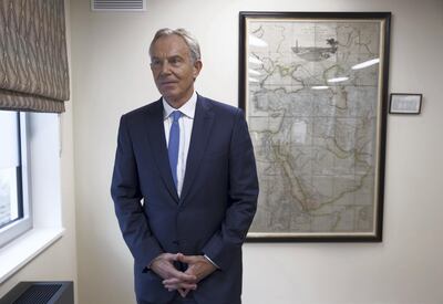 LONDON 19th October 2017. Former UK Prime Minister Tony Blair in his office in London as he is interviewed by Mina al-Oraibi, Editor in Chief of The National and London Bureau Chief Damien McElroy.  Stephen Lock for the National 
