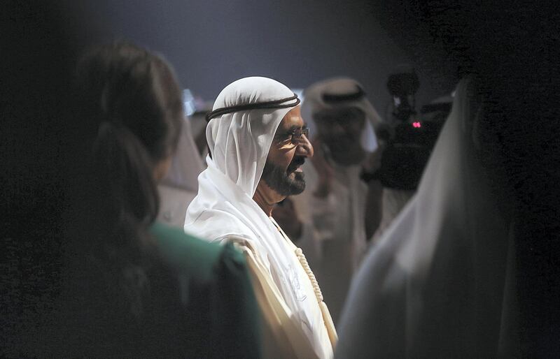 Dubai, April 09, 2018: Sheikh Mohammed bin Rashid Al Maktoum, Vice President and Prime Minister  of United Arab Emirates (UAE)  at the Annual Investment Meeting at the world trade centre in Dubai. Satish Kumar for the National /Story by Deena Kamel