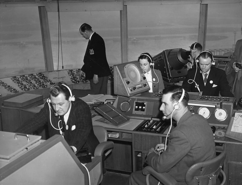 The air traffic control room at Heathrow Airport central's new terminal in 1955.