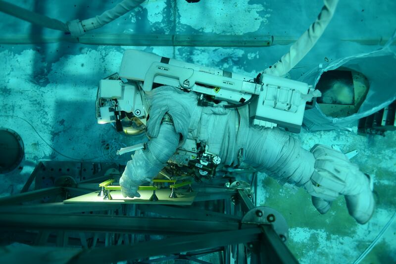 A mock International Space Station set up underwater at a laboratory in Houston