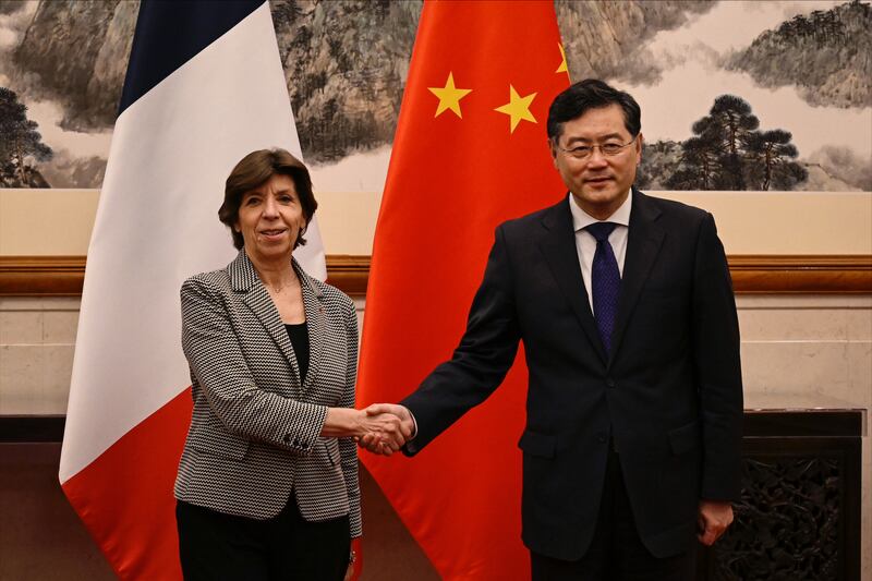 French Foreign Minister Catherine Colonna and Chinese Foreign Minister Qin Gang at the Diaoyutai State Guesthouse in Beijing. Getty Images
