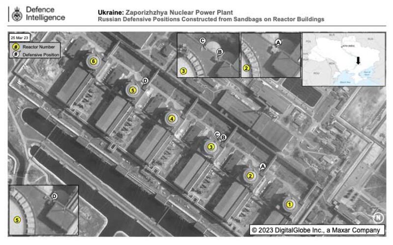Images shows Russian forces have set up sandbag fighting positions on the roofs of reactor buildings at Zaporizhzhia nuclear plant. Photo: UK Ministry of Defence